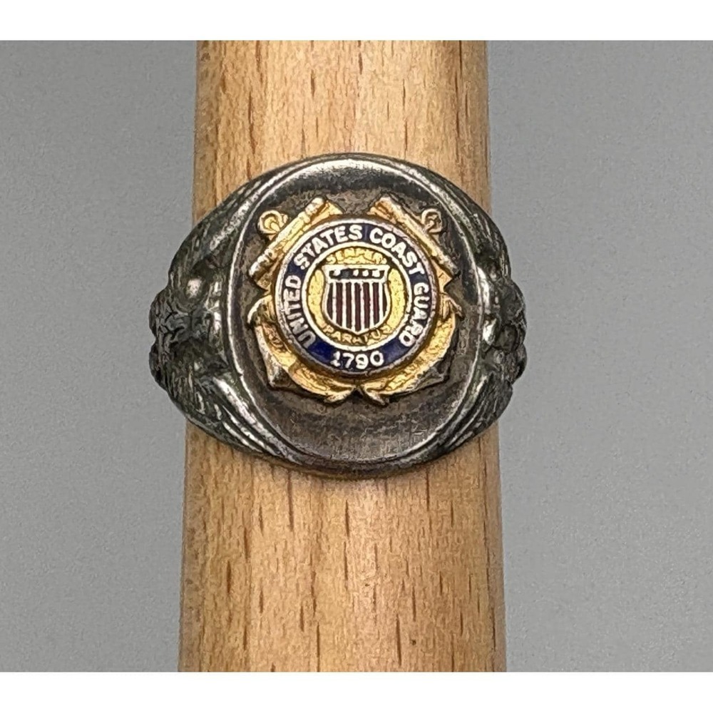 Vintage Sterling Silver United States Coast Guard Signet Ring Enameled 8.5 1790